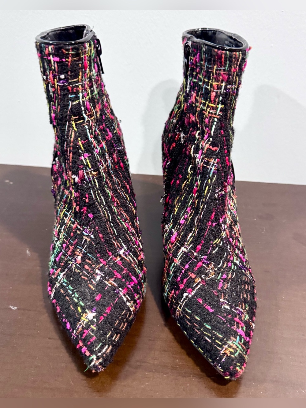 Betsey Johnson Black Tweed Pointed Toe Ankle Boots with Multicolor Stitching